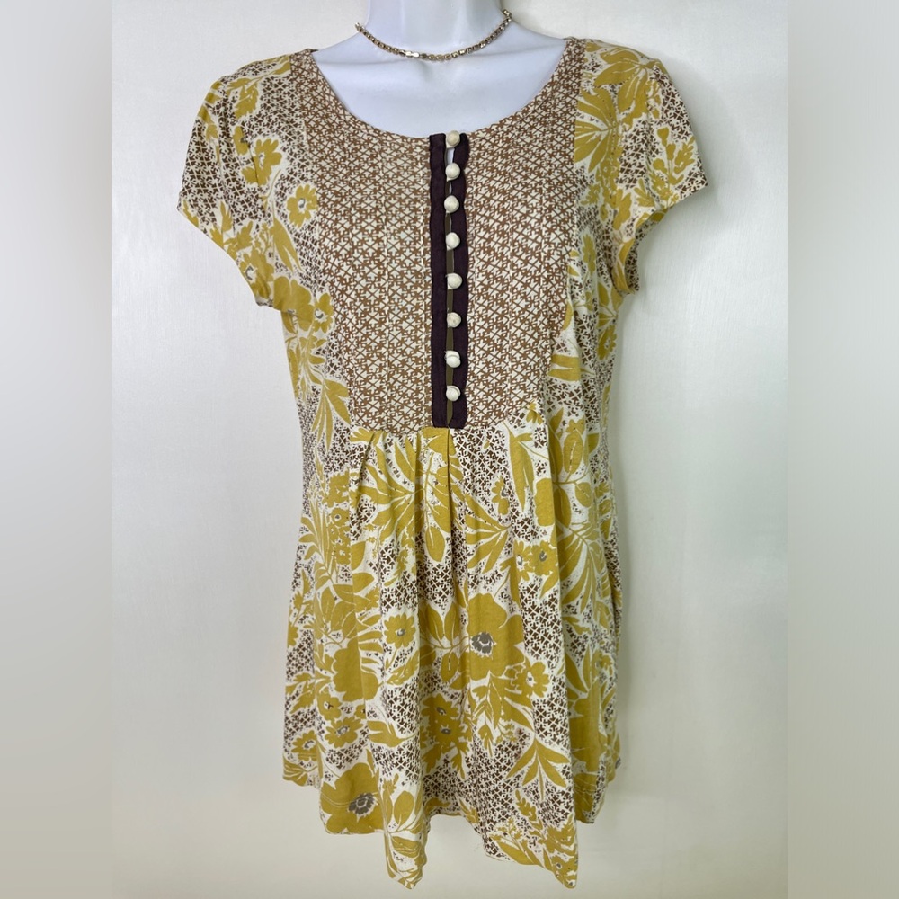 Language Boho Mixed Floral Knit Short Sleeve Blouse Top Size M